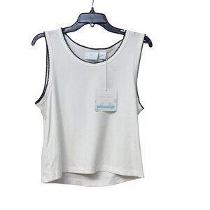 Cynthia Rowley  Sleeveless Ribbed Tank Top With Embridered Navy Trim,White, XL